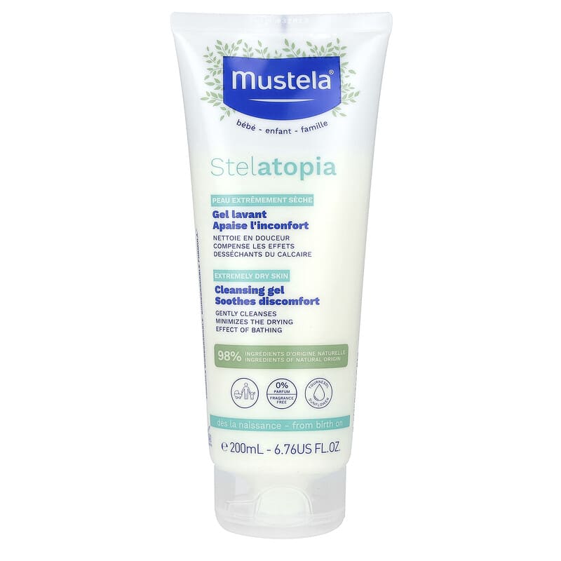 Mustela Stelatopia Cleansing Gel for Extremely Dry Baby Skin - 200ml | Gently Soothes, Hydrates & Protects | 98% Natural Origin Ingredients | Fragrance-Free Baby Wash from Birth Onwards