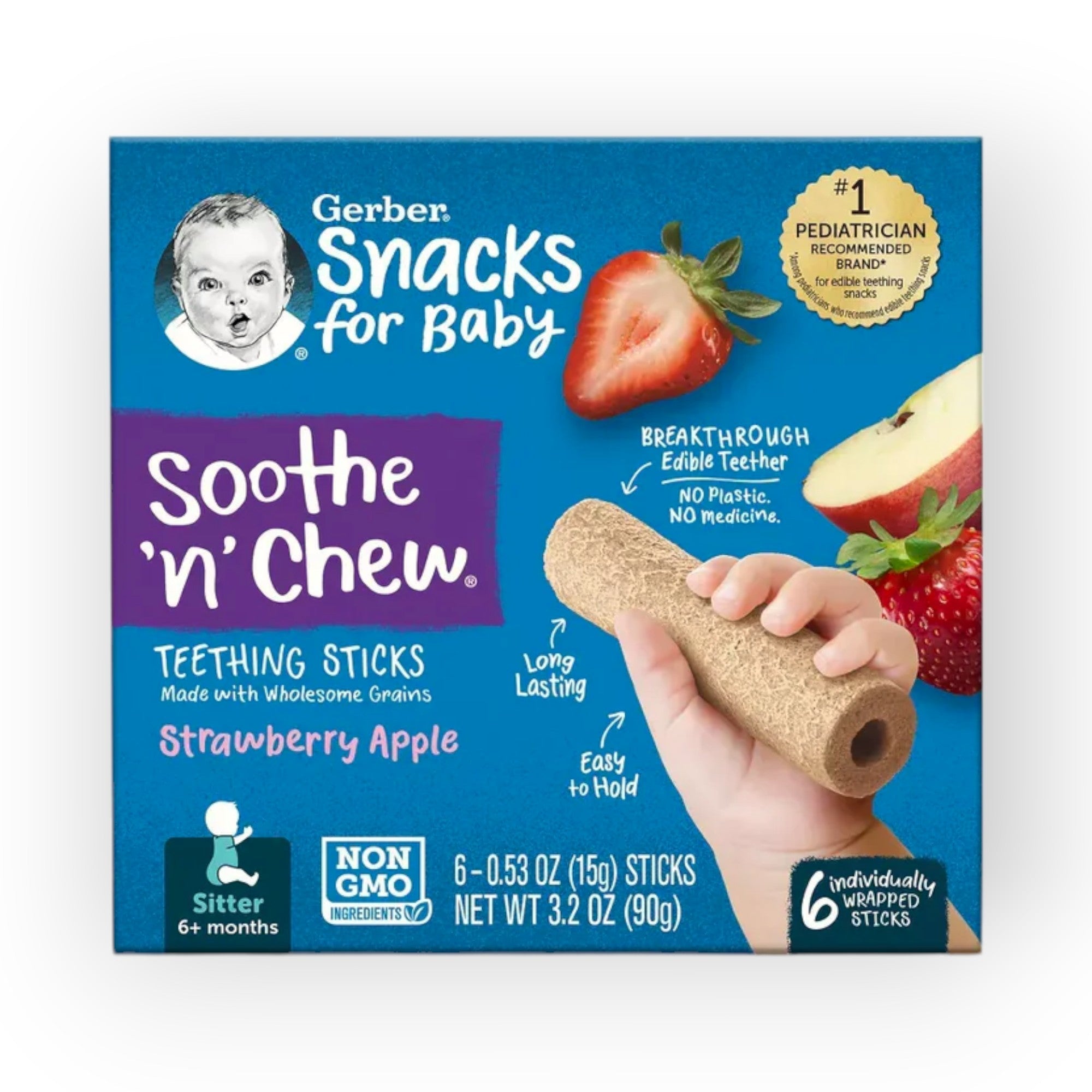 Gerber Snacks for Gerber Snacks for Baby Soothe 'n' Chew Teething Sticks - Strawberry Apple | 6+ Months | 6 Individually Wrapped Sticks | 90g | Gentle on Teething Gums