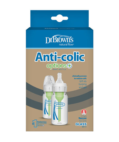 Dr. Brown’s Natural Flow Anti-Colic Options+ Narrow Glass Baby Bottle 4 oz (120mL), Level 1 Slow Flow Nipple, 2-Pack | Heat-Resistant Borosilicate Glass | BPA Free | Clinically Proven to Reduce Colic & Gas | 0m+ - MINIMEE KIDS