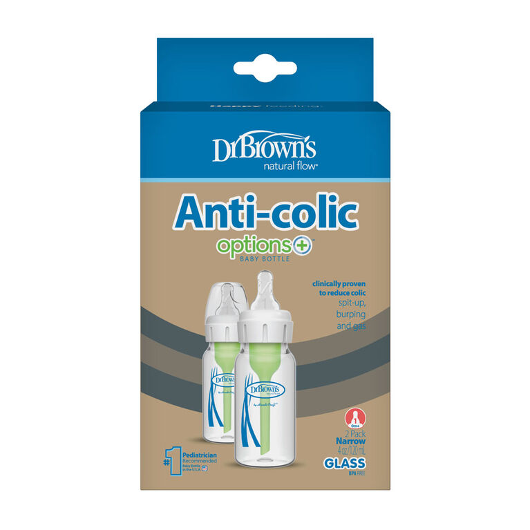 Dr. Brown’s Natural Flow Anti-Colic Options+ Narrow Glass Baby Bottle 4 oz (120mL), Level 1 Slow Flow Nipple, 2-Pack | Heat-Resistant Borosilicate Glass | BPA Free | Clinically Proven to Reduce Colic & Gas | 0m+ - MINIMEE KIDS