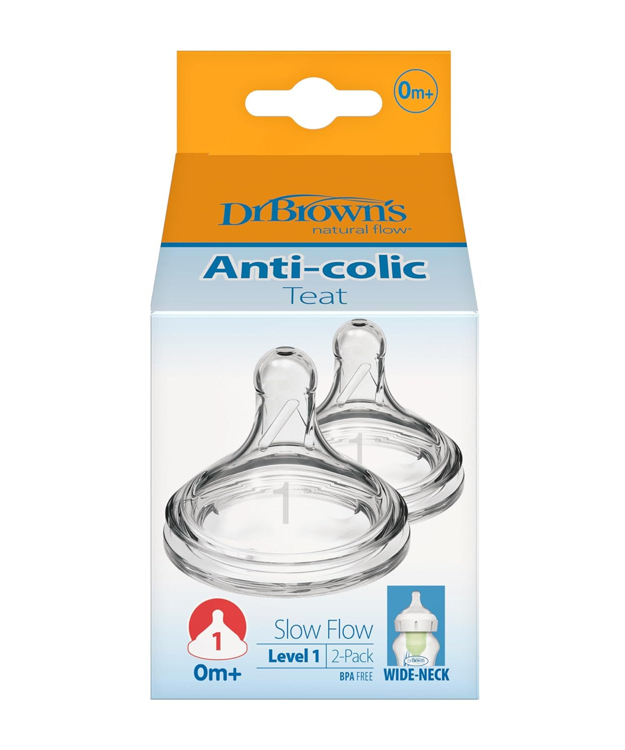 Dr. Brown's Natural Flow Anti-Colic Teat | Level 1 for 0 Months+ | Slow Flow | Wide-Neck | Pack of 2 - MINIMEE KIDS