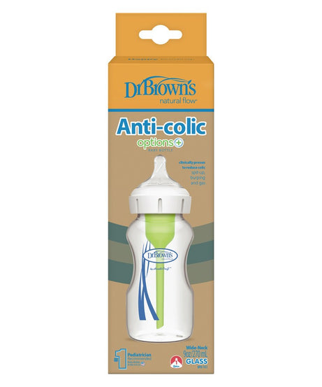 Dr. Brown's Natural Flow Options+ Anti-Colic Glass Baby Bottle - 270ml, Wide-Neck, BPA-Free, Reduces Colic, Gas, & Spit-Up - MINIMEE KIDS