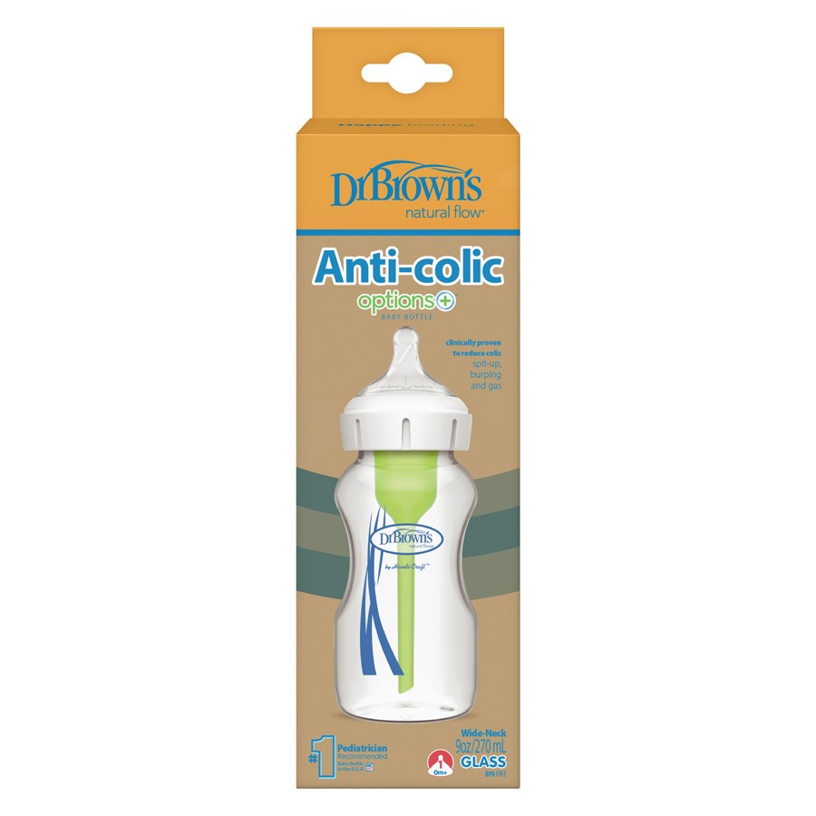 Dr. Brown's Natural Flow Options+ Anti-Colic Glass Baby Bottle - 270ml, Wide-Neck, BPA-Free, Reduces Colic, Gas, & Spit-Up - MINIMEE KIDS