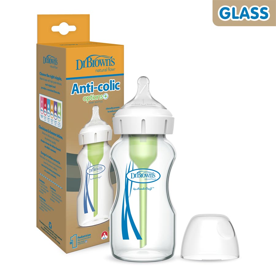 Dr. Brown's Natural Flow Options+ Anti-Colic Glass Baby Bottle - 270ml, Wide-Neck, BPA-Free, Reduces Colic, Gas, & Spit-Up - MINIMEE KIDS