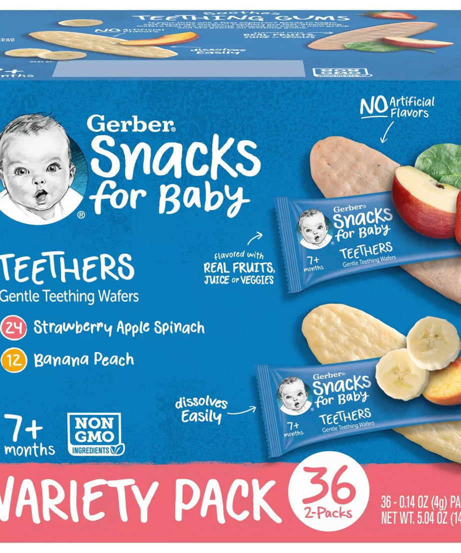 Gerber Baby Teething Wafers Variety Pack | 24 Strawberry Apple Spinach + 12 Banana Peach | 36 Pieces | 7+ Months | Non-GMO & Gluten-Free Snacks