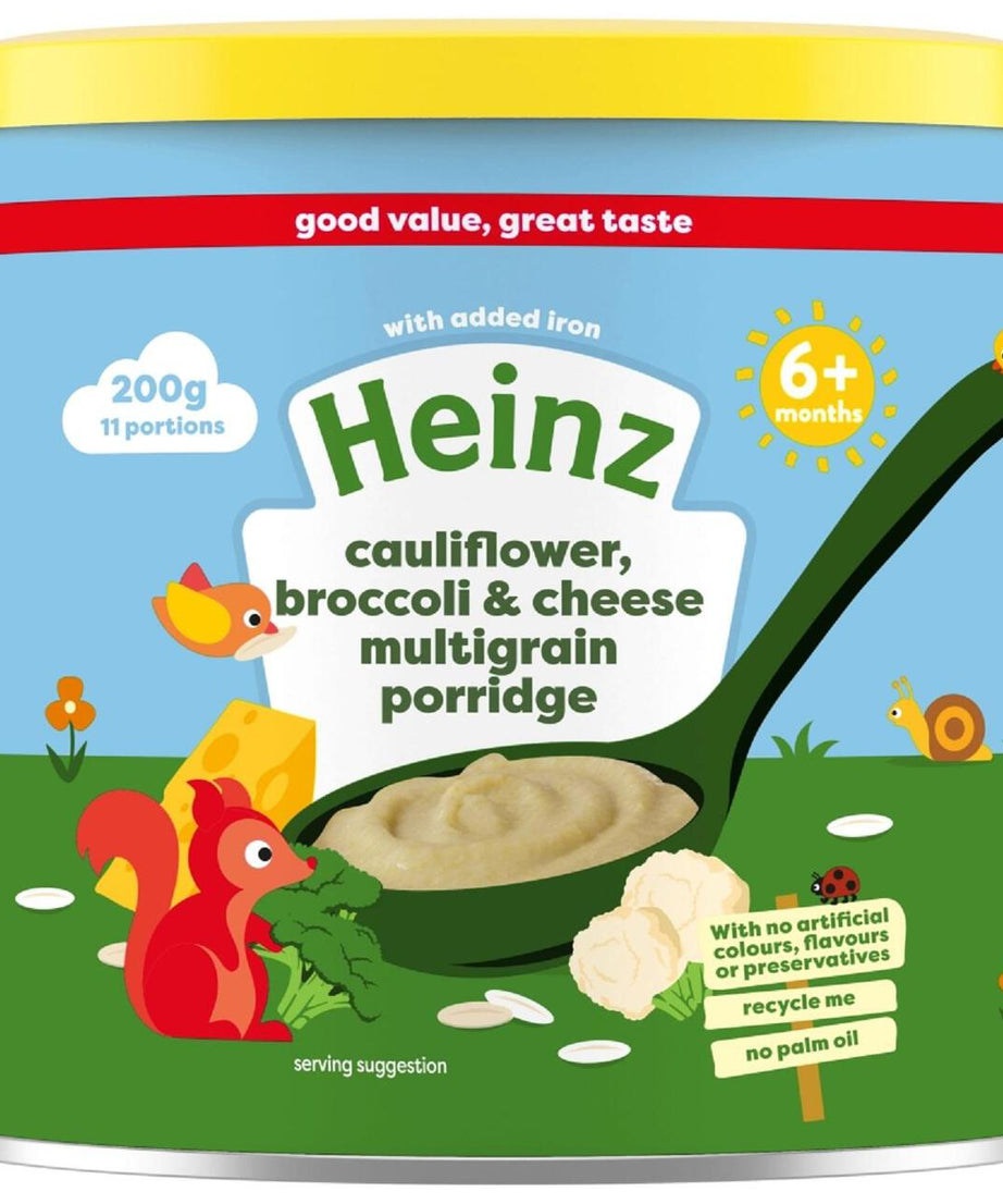 Heinz Cauliflower, Broccoli & Cheese Multigrain Porridge for 6+ Month Babies – 200g | Iron-Rich Cereal with Vegetables & No Added Preservatives | Smooth Texture Ideal for Weaning