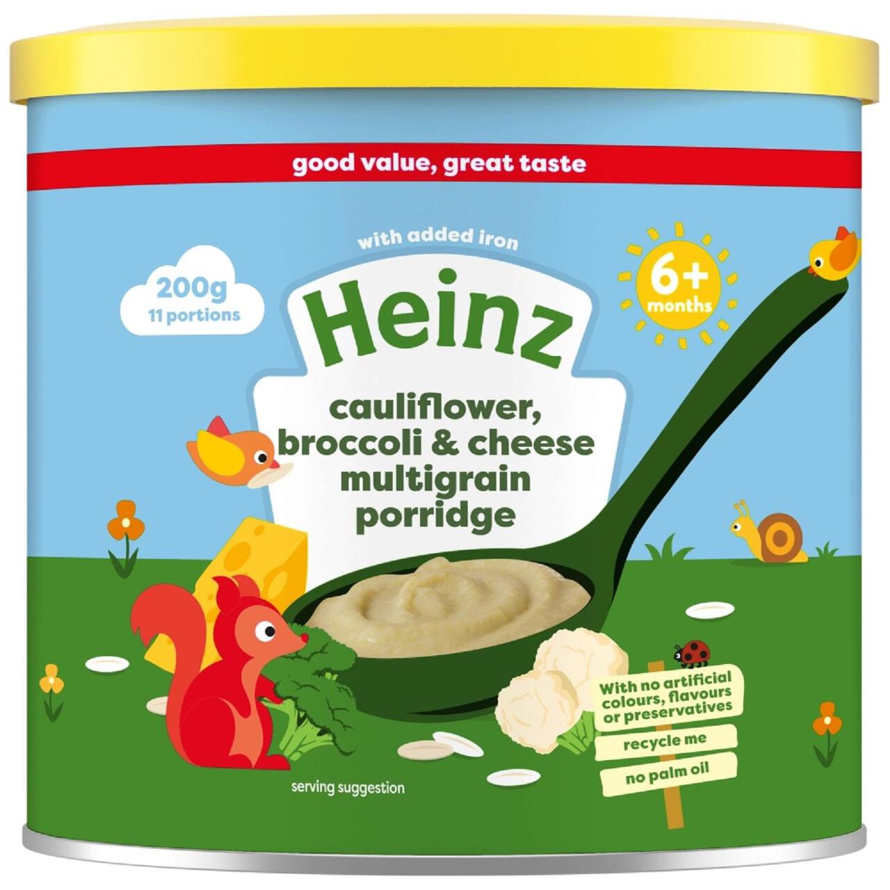 Heinz Cauliflower, Broccoli & Cheese Multigrain Porridge for 6+ Month Babies – 200g | Iron-Rich Cereal with Vegetables & No Added Preservatives | Smooth Texture Ideal for Weaning