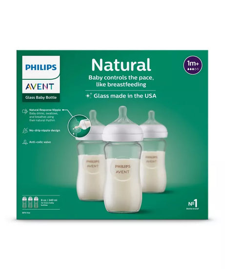 Philips Avent Glass Natural Baby Bottle (240ml, 3-Pack) | Natural Response Nipple with Anti-Colic Valve (Flow 3, 1m+) | Premium BPA-Free Borosilicate Glass