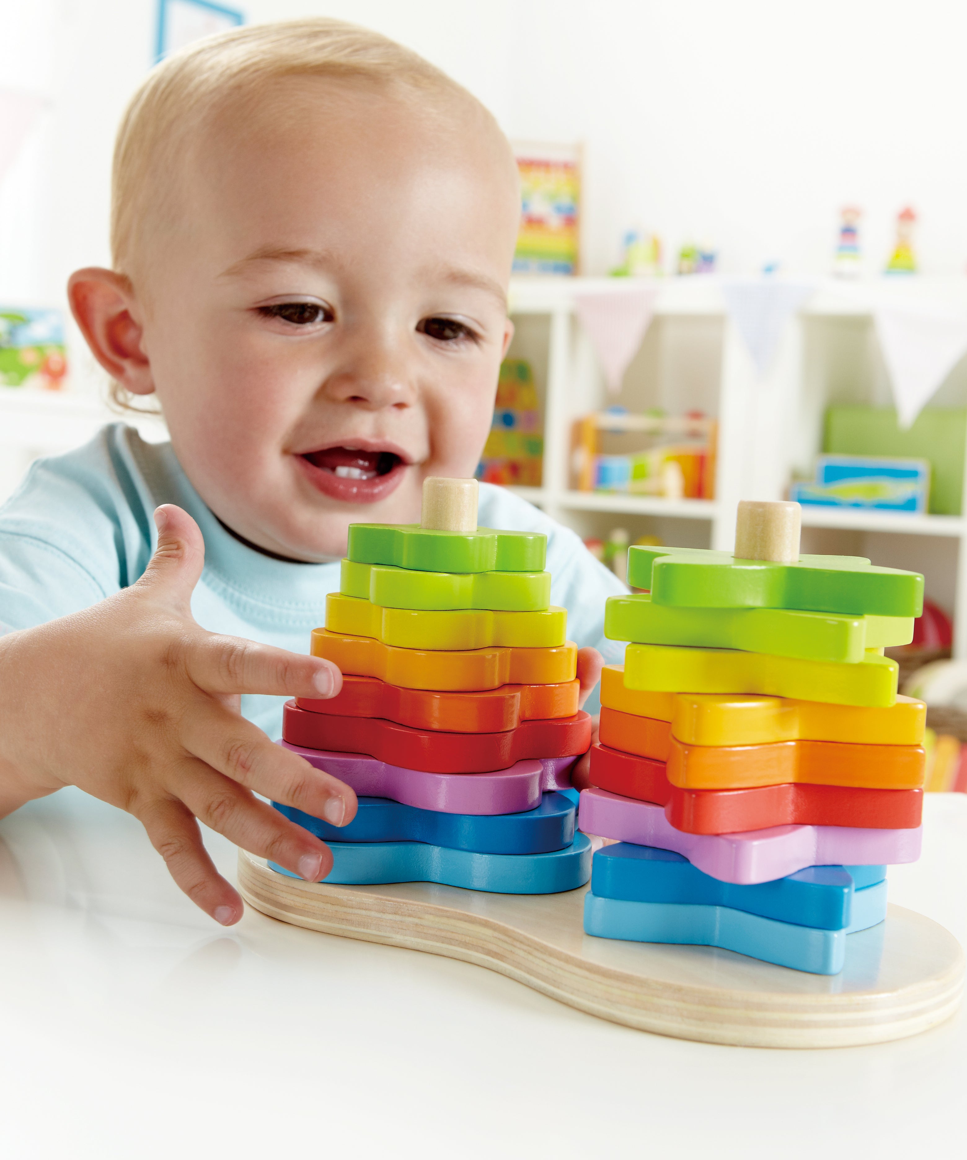Hape Double Rainbow Stacker Wooden Toy | Vibrant 19-Piece Building Set for Toddlers Aged 12 Months+