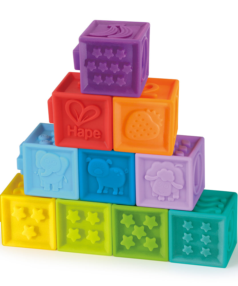 Hape Squeeze Me Blocks Soft Silicone Stacking Toy 10pcs – Colorful Textured Blocks for Teething, Stacking, and Early Learning
