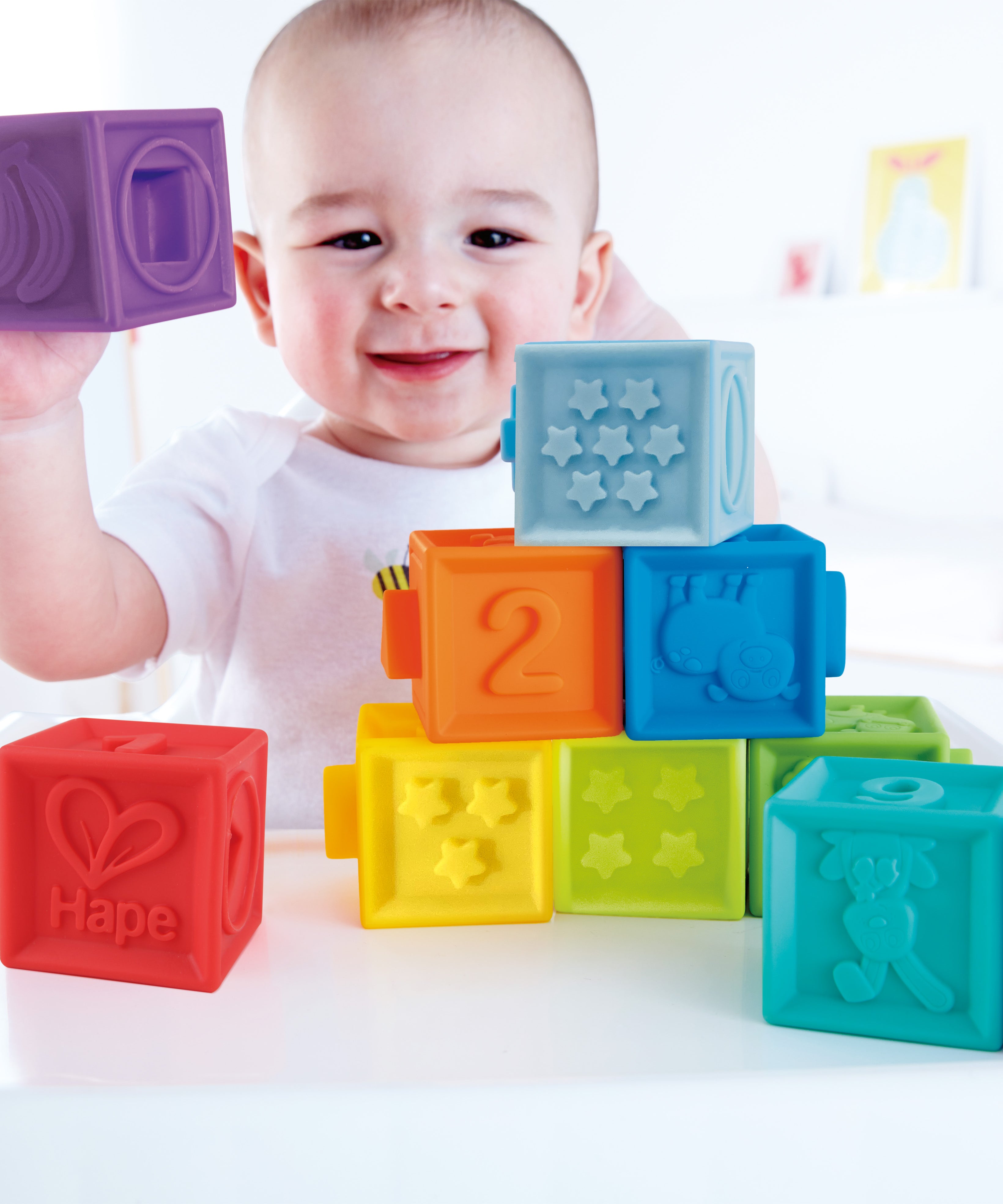 Hape Squeeze Me Blocks Soft Silicone Stacking Toy 10pcs – Colorful Textured Blocks for Teething, Stacking, and Early Learning
