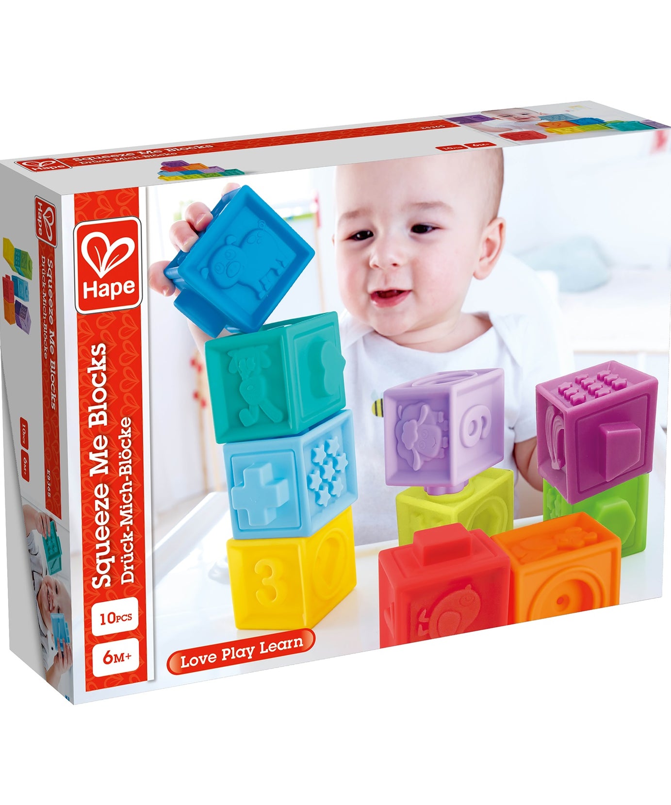 Hape Squeeze Me Blocks Soft Silicone Stacking Toy 10pcs – Colorful Textured Blocks for Teething, Stacking, and Early Learning