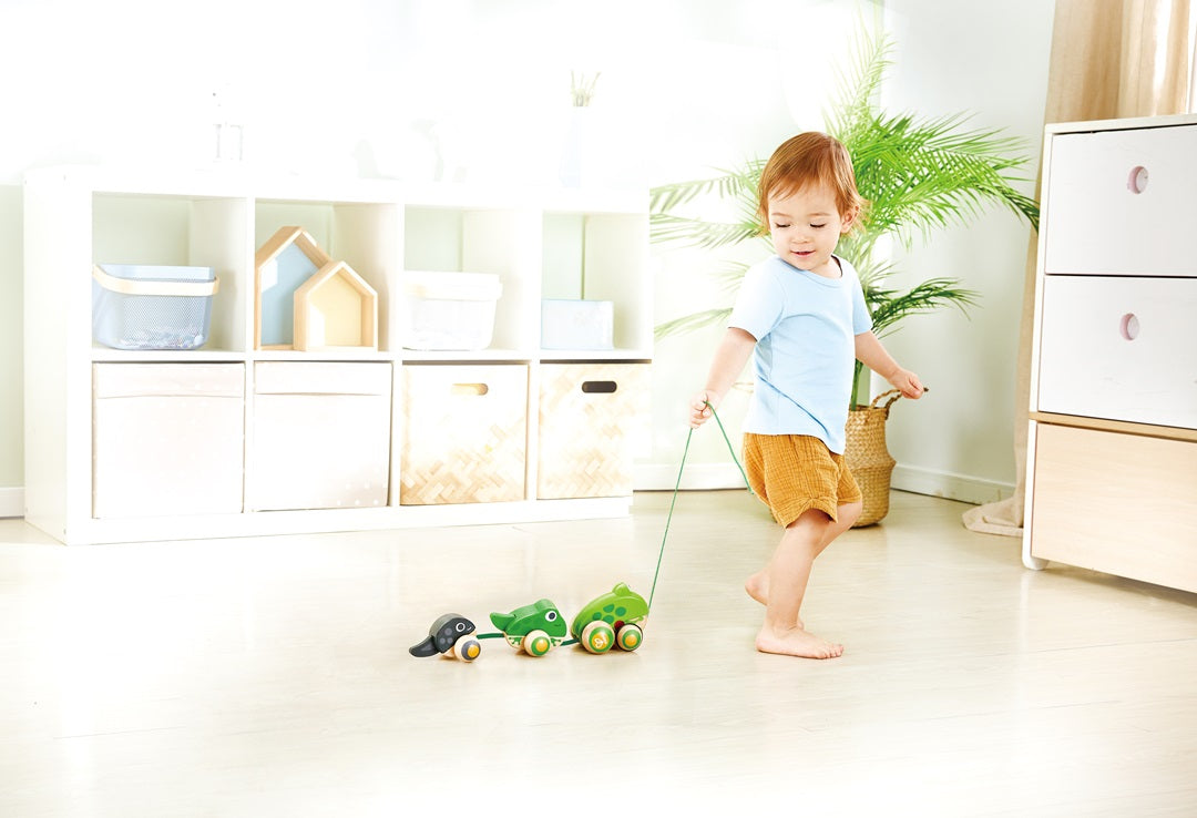 Hape Pull-Along Frog Family – Fun Wooden Toy with Frog Life Cycle for Toddlers to Explore Nature, Movement, and Early Learning