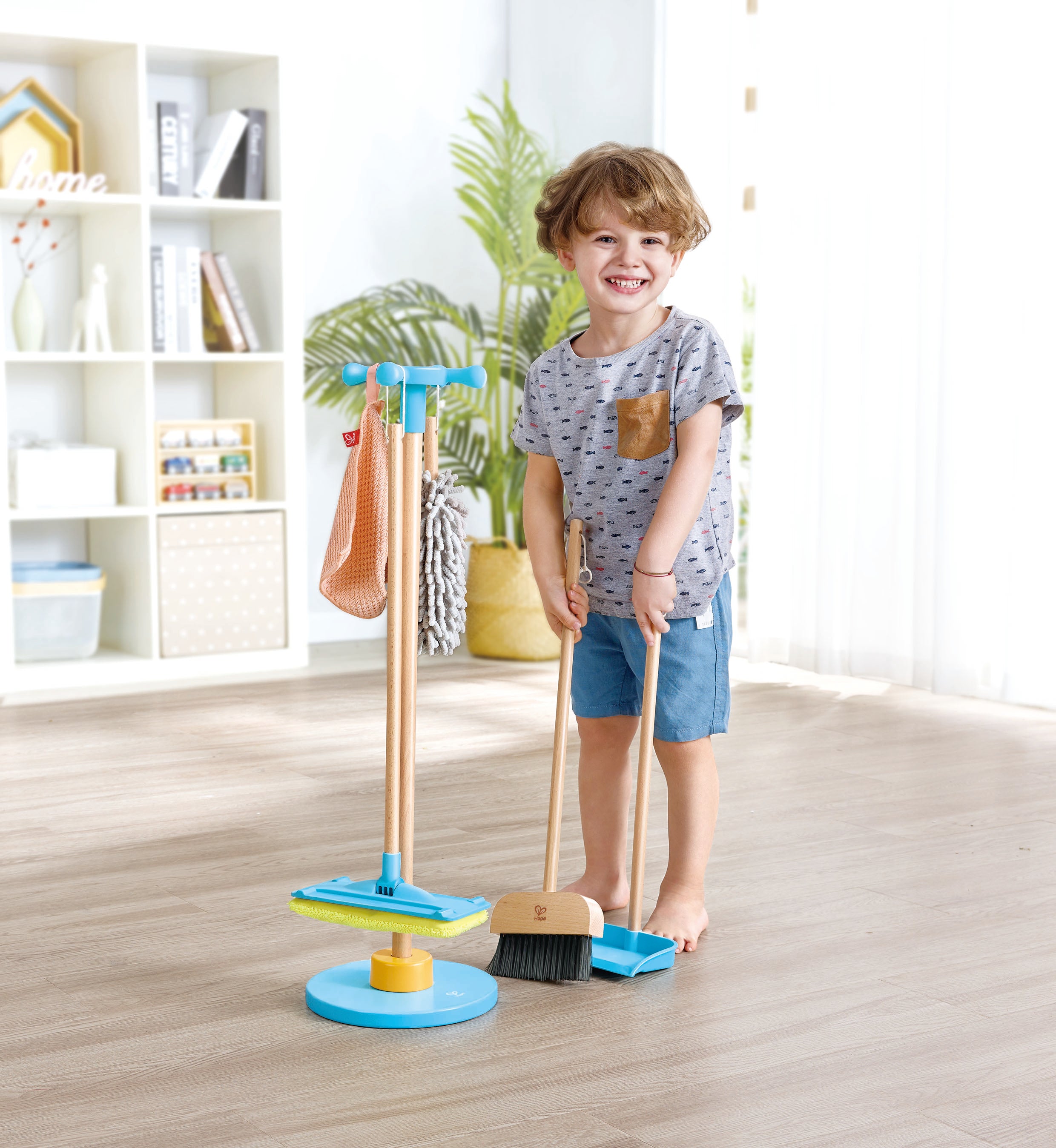 Hape Clean Up Broom Set - 6-Piece Pretend Cleaning Kit for Kids Aged 3–8 | Realistic Mop, Broom, Dustpan & More for Role Play Fun & Life Skills