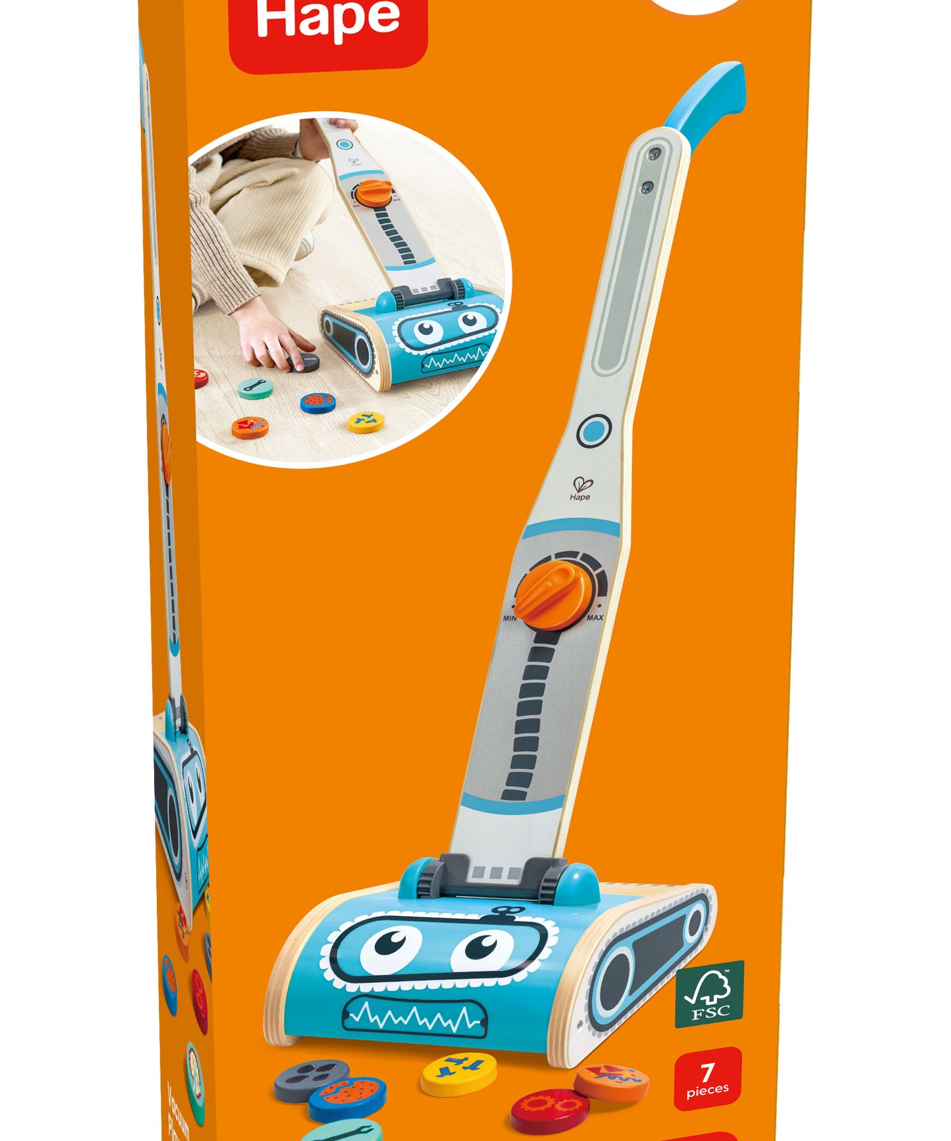 Hape Vacuum Playset for Kids – 7-Piece Robot Face Cleaning Toy | Pretend Play for 2–6 Year Olds | Enhances Motor Skills & Confidence through Tidy Fun