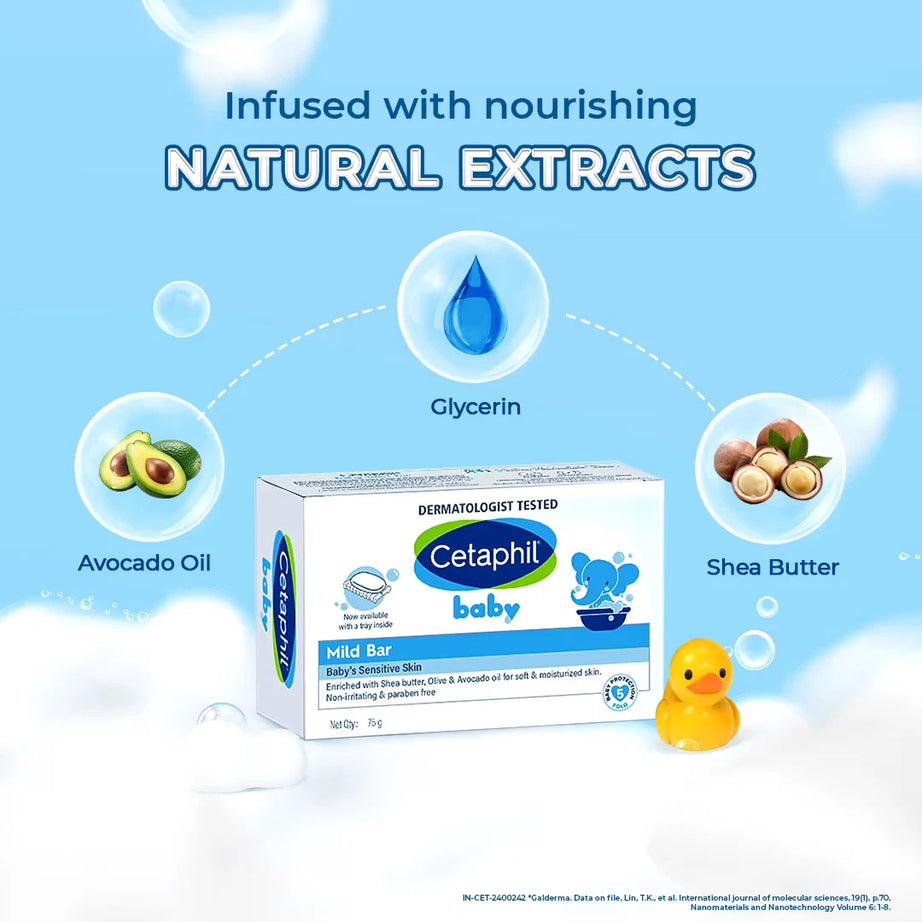 Cetaphil Baby Mild Bar Soap for Sensitive Skin – Gentle Daily Cleanser with Shea Butter & Glycerin (75g & 100g)