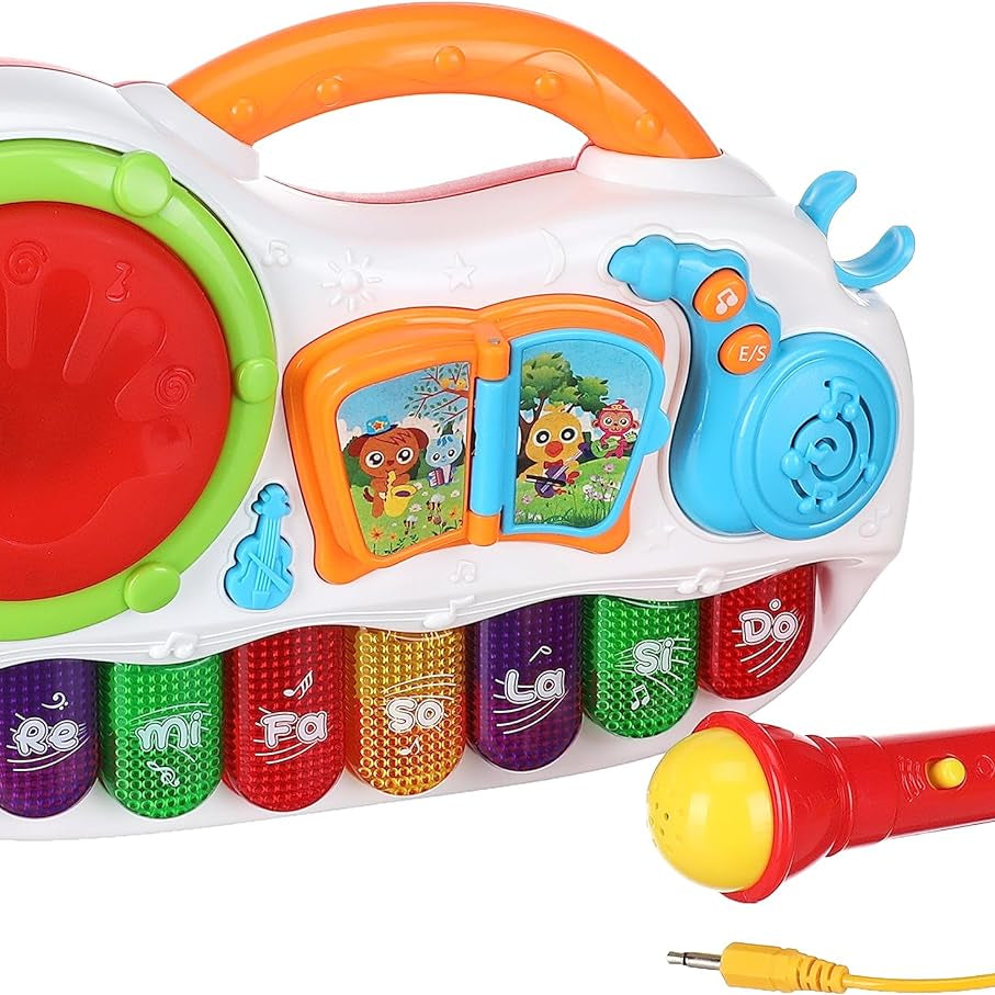 FiveStar Learning Fun Music Piano & Mic with Music & Lights for Kids - Interactive Toy with Sound & Light Effects, Trumpet, Violin, Saxophone Buttons, Drum & Book Features, Sing-Along Microphone - MINIMEE KIDS