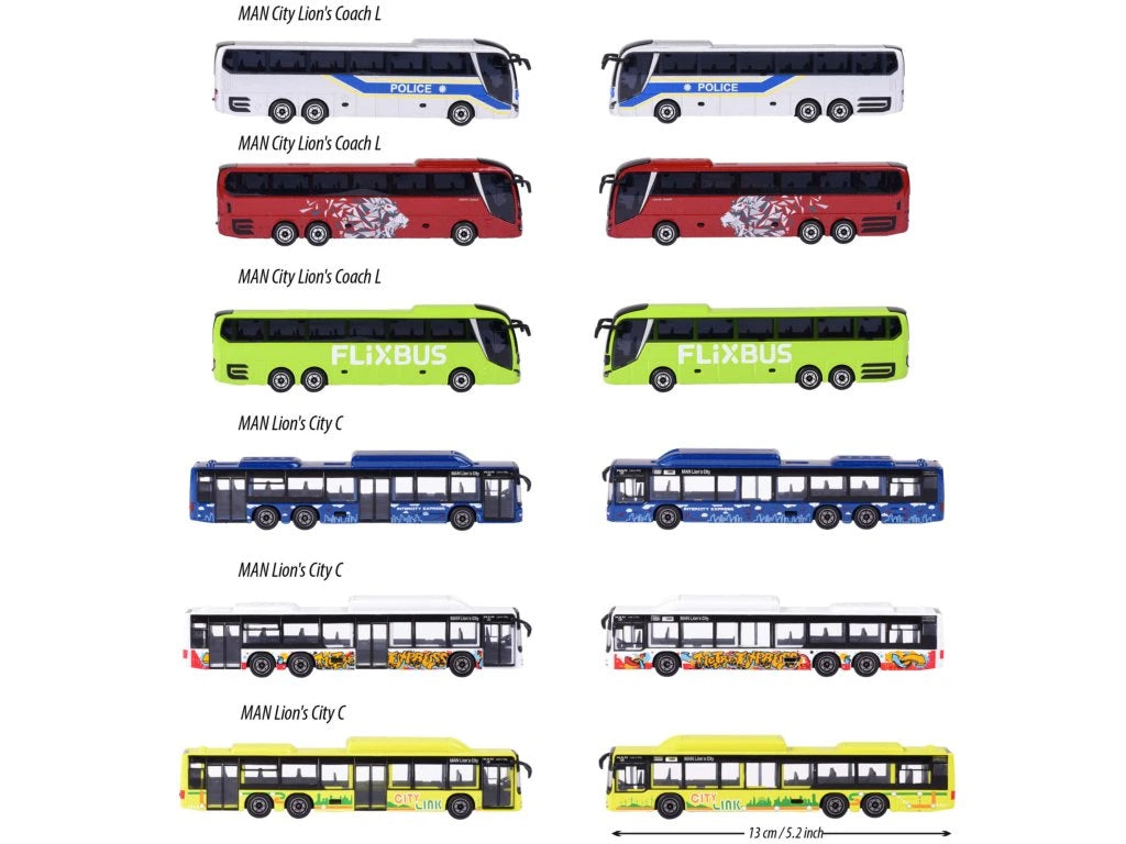 Majorette MAN City Bus Series - Lion’s City C & Lion’s Coach L | Die-Cast Model with Authentic Details | 1:110 Scale | Collector’s Edition | Free-Rolling Wheels