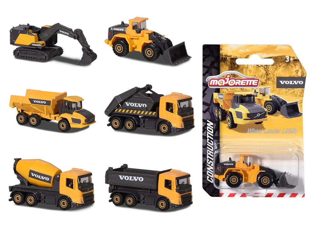 Majorette Volvo Construction Series (6 Assorted Models), Officially Licensed Die-Cast Metal Toy Vehicles with Moving Parts, for Kids and Collectors Aged 3+