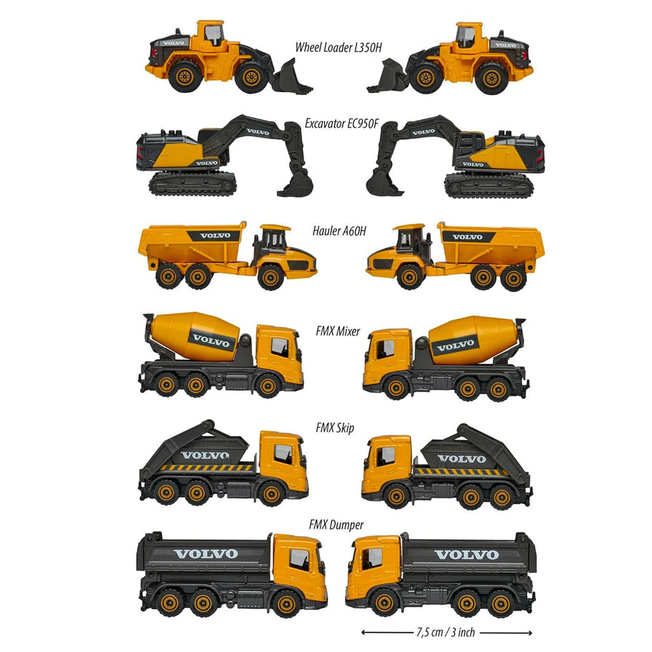 Majorette Volvo Construction Series (6 Assorted Models), Officially Licensed Die-Cast Metal Toy Vehicles with Moving Parts, for Kids and Collectors Aged 3+
