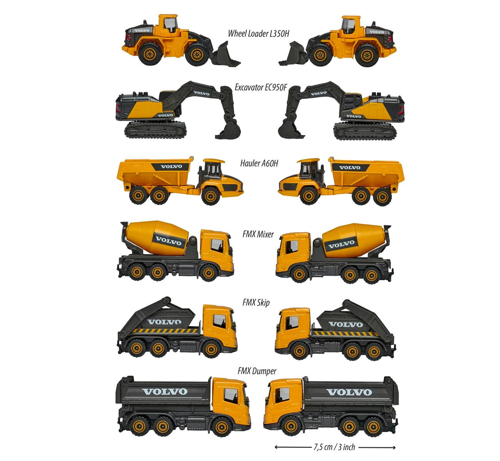 Majorette Volvo Construction Series (6 Assorted Models), Officially Licensed Die-Cast Metal Toy Vehicles with Moving Parts, for Kids and Collectors Aged 3+
