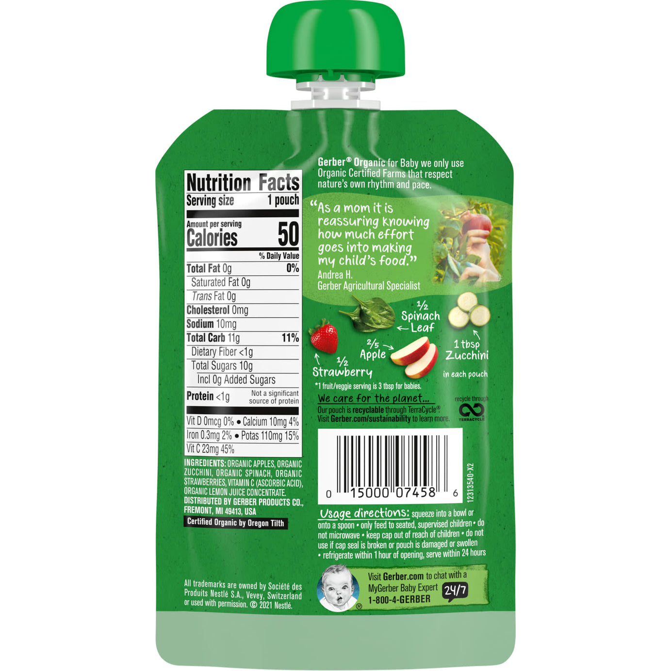 Gerber Organic for Baby Sitter 2nd Foods - Apple Zucchini Spinach Strawberry Puree (99g) - USDA Organic Baby Food with Non-GMO Ingredients