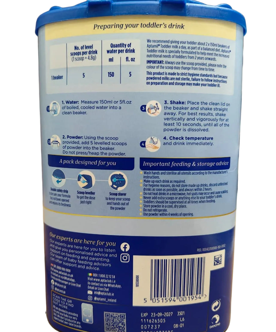 Aptamil Toddler Milk Stage 4 Vanilla Flavour 800g (2–3 Years) | Fortified Milk Drink with Vitamins A, C, D, Iron, Calcium, GOS/FOS Fibre | No Palm Oil | Imported from Ireland