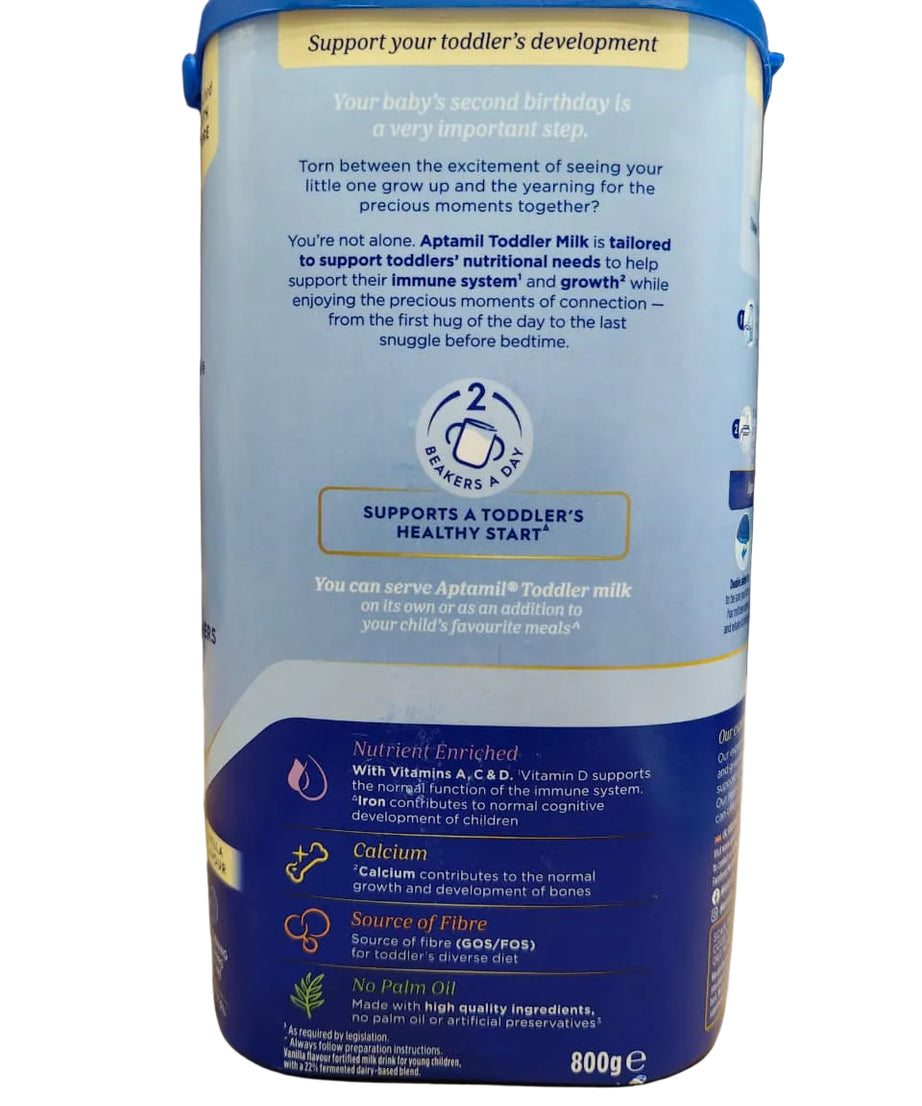 Aptamil Toddler Milk Stage 4 Vanilla Flavour 800g (2–3 Years) | Fortified Milk Drink with Vitamins A, C, D, Iron, Calcium, GOS/FOS Fibre | No Palm Oil | Imported from Ireland