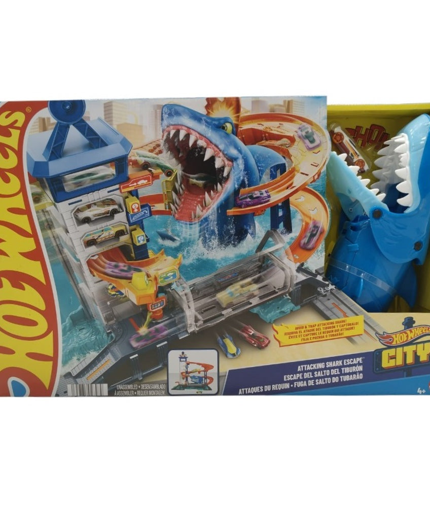 Hot Wheels City Attacking Shark Escape Track Set with Parking Garage, Random Shark Attack, Trap Cage, and 1 Hot Wheels 1:64 Scale Toy Car for Kids 4+ Years | HDP06
