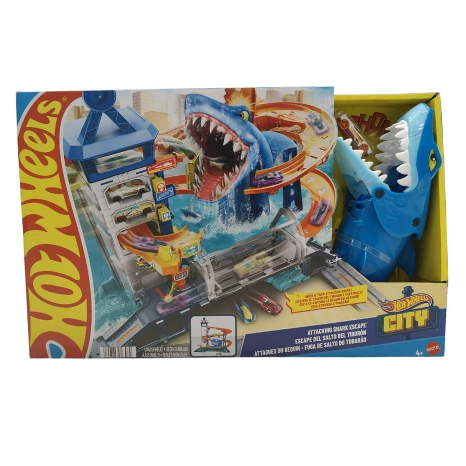 Hot Wheels City Attacking Shark Escape Track Set with Parking Garage, Random Shark Attack, Trap Cage, and 1 Hot Wheels 1:64 Scale Toy Car for Kids 4+ Years | HDP06
