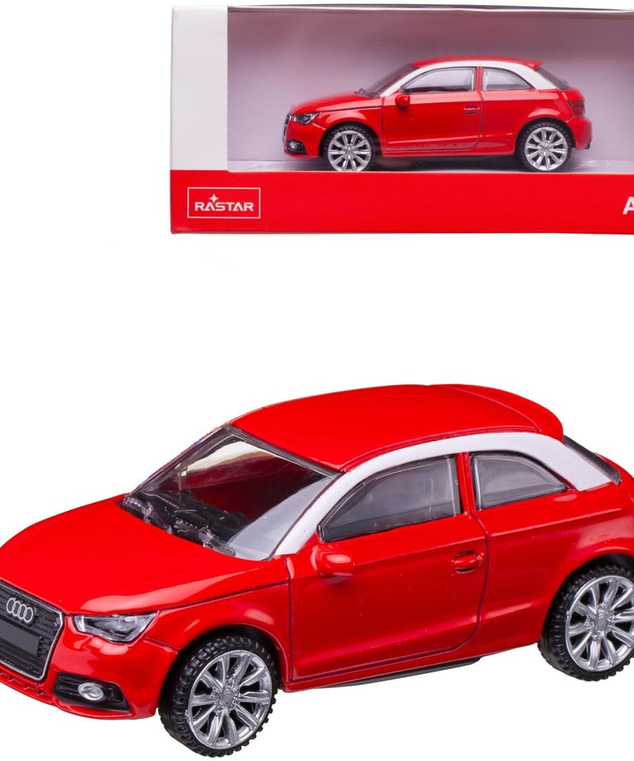 Red Audi model car with white roof and Rastar branding on packaging