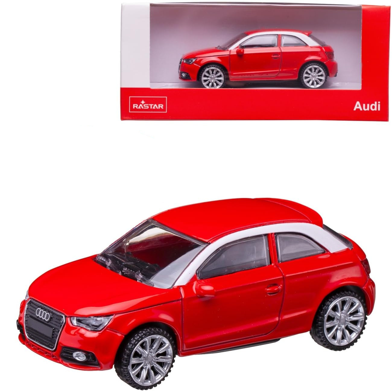 Red Audi model car with white roof and Rastar branding on packaging
