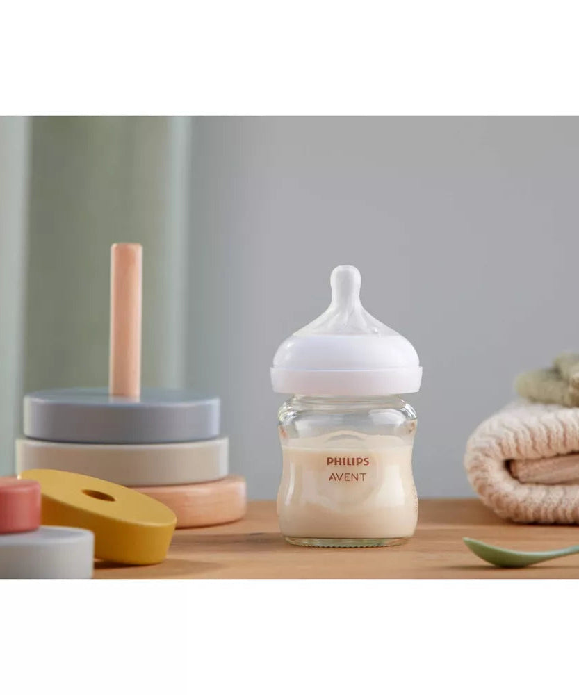 Philips Avent Glass Natural Baby Bottle with Natural Response Nipple, 120ml, 3-Pack | Anti-Colic, BPA-Free, Eco-Friendly, Newborn Feeding Bottle Set with Flow 2 Nipple, Model SCY910/03 - Perfect for 0M+ Infants