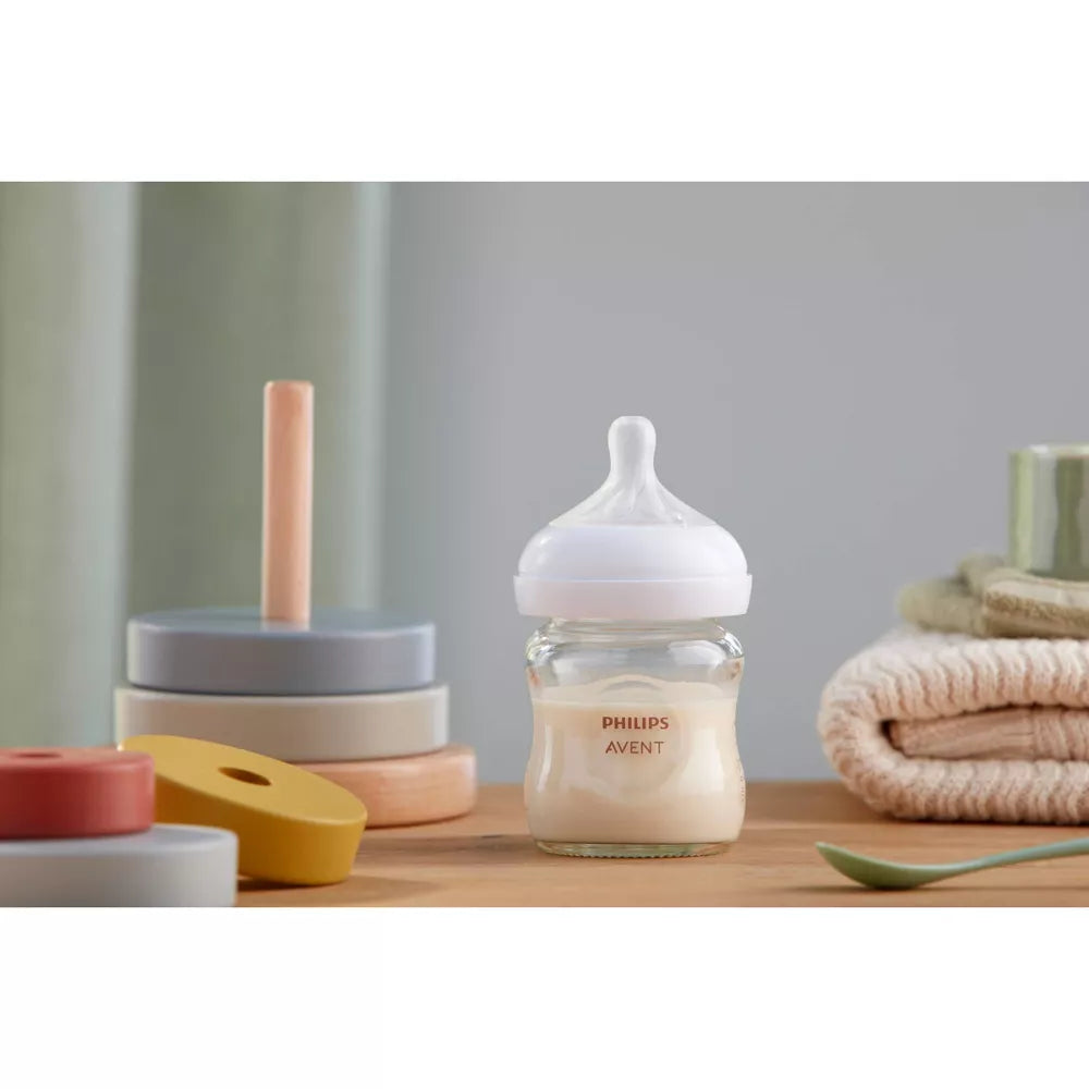 Philips Avent Glass Natural Baby Bottle with Natural Response Nipple, 120ml, 3-Pack | Anti-Colic, BPA-Free, Eco-Friendly, Newborn Feeding Bottle Set with Flow 2 Nipple, Model SCY910/03 - Perfect for 0M+ Infants
