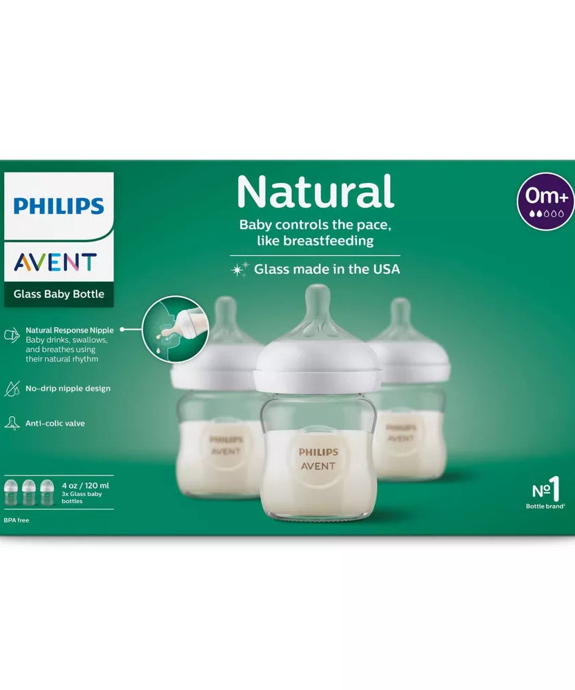 Philips Avent Glass Natural Baby Bottle with Natural Response Nipple, 120ml, 3-Pack | Anti-Colic, BPA-Free, Eco-Friendly, Newborn Feeding Bottle Set with Flow 2 Nipple, Model SCY910/03 - Perfect for 0M+ Infants