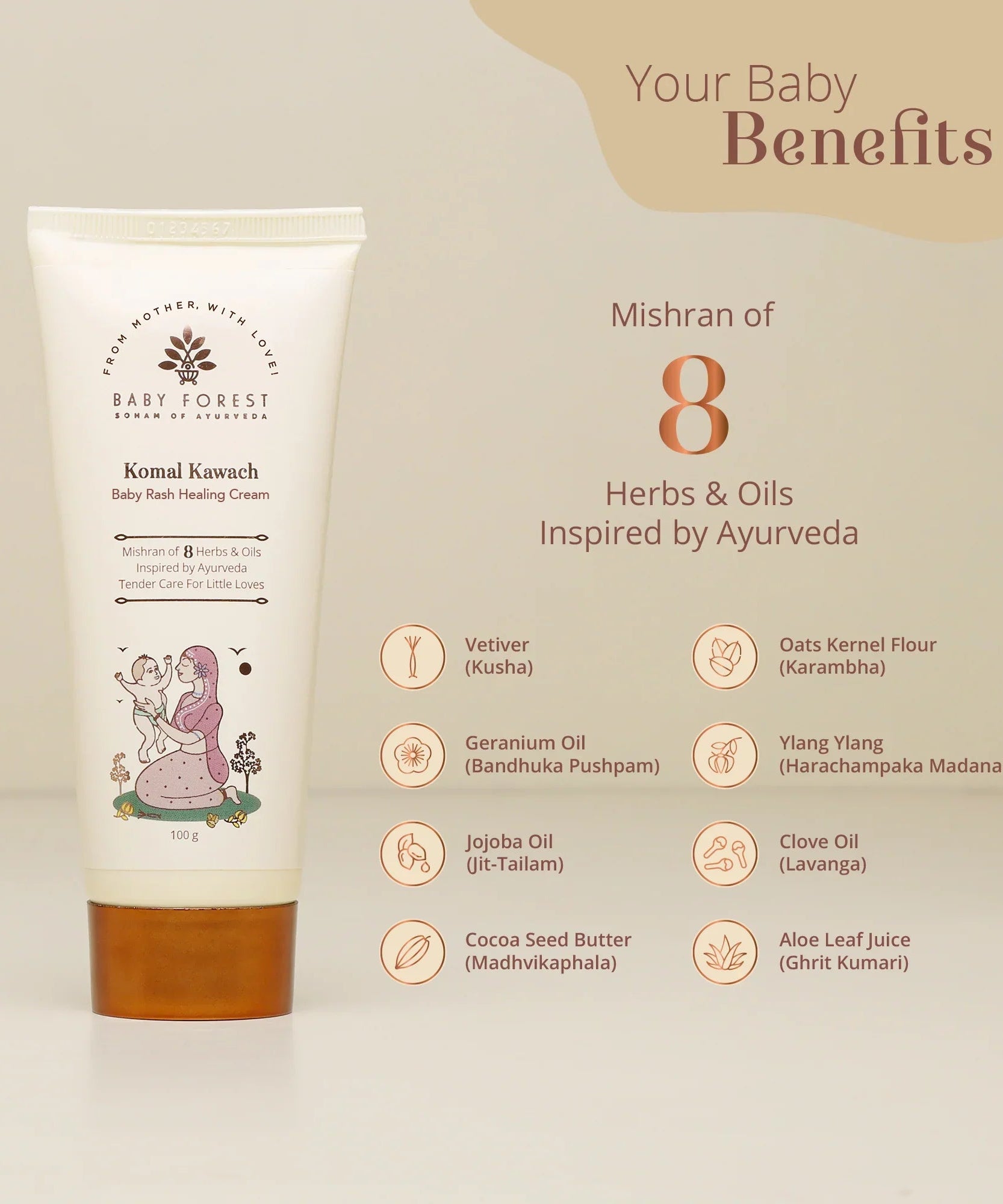 Baby Forest Komal Kawach Rash Healing Cream for Newborns & Infants – 100g | Ayurvedic Diaper Rash Relief with Vetiver, Ylang Ylang & Geranium Oil | Safe for 0+ Months, Sensitive Skin Protection