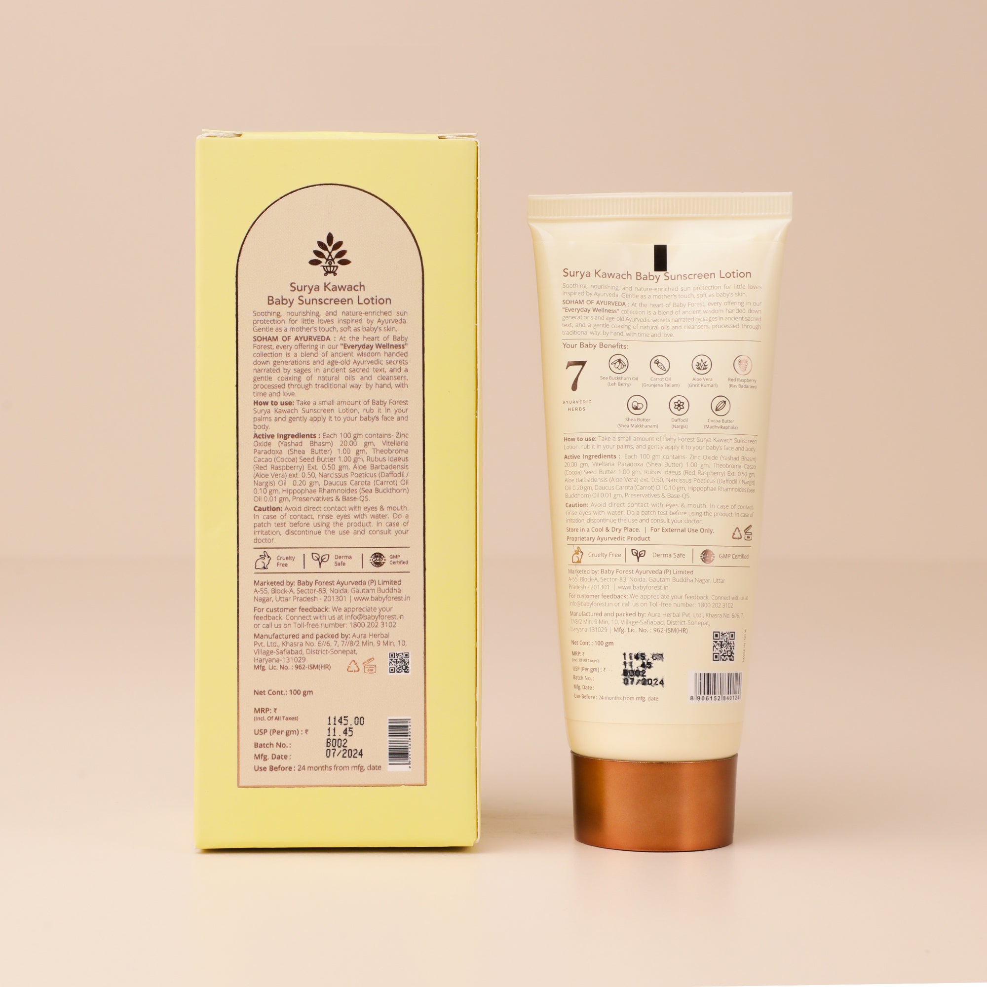 Baby Forest Surya Kawach Ayurvedic SPF 30 Baby Sunscreen Lotion 100g for 1+ Years | Natural UV Protection with Zinc Oxide, Seabuckthorn & Red Raspberry Seed Oil