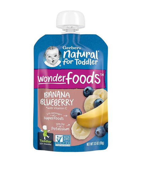 Gerber Natural Puree for Toddler Wonderfoods Banana Blueberry - 99g | Healthy Snack for 12+ Months