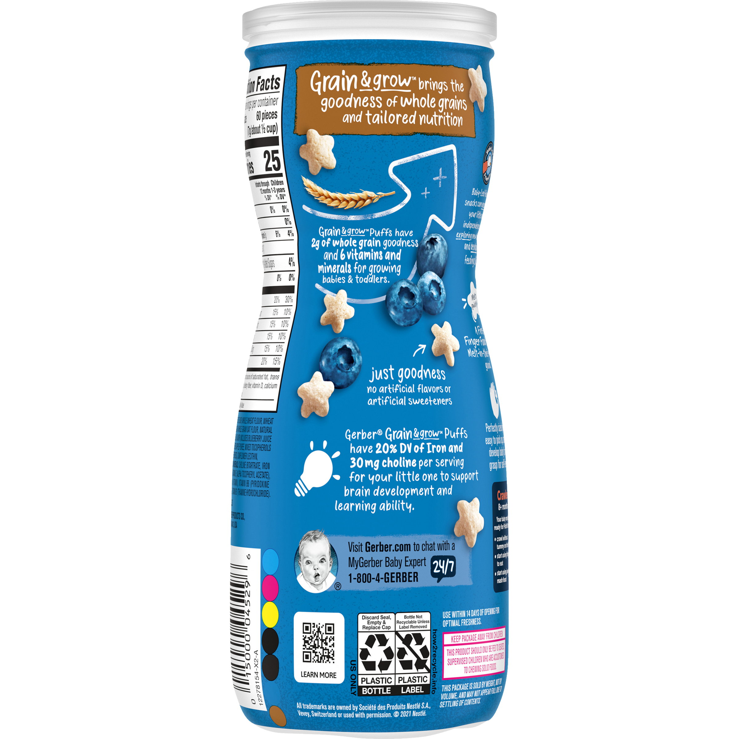 Gerber Grain & Grow Blueberry Puffs – Whole Grain Baby Snack with Iron, Vitamin E & Zinc – No Artificial Flavors – 8+ Months – 42g (1.48 oz)