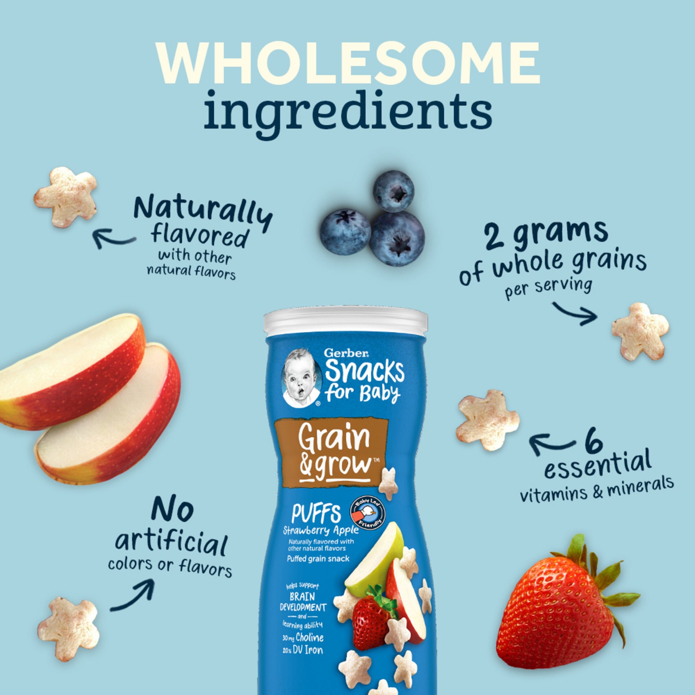 Gerber Grain & Grow Peach Puffs – Whole Grain Baby Snack with Iron, Vitamin E & Essential Nutrients – No Artificial Flavors – 8+ Months – 42g (1.48 oz)