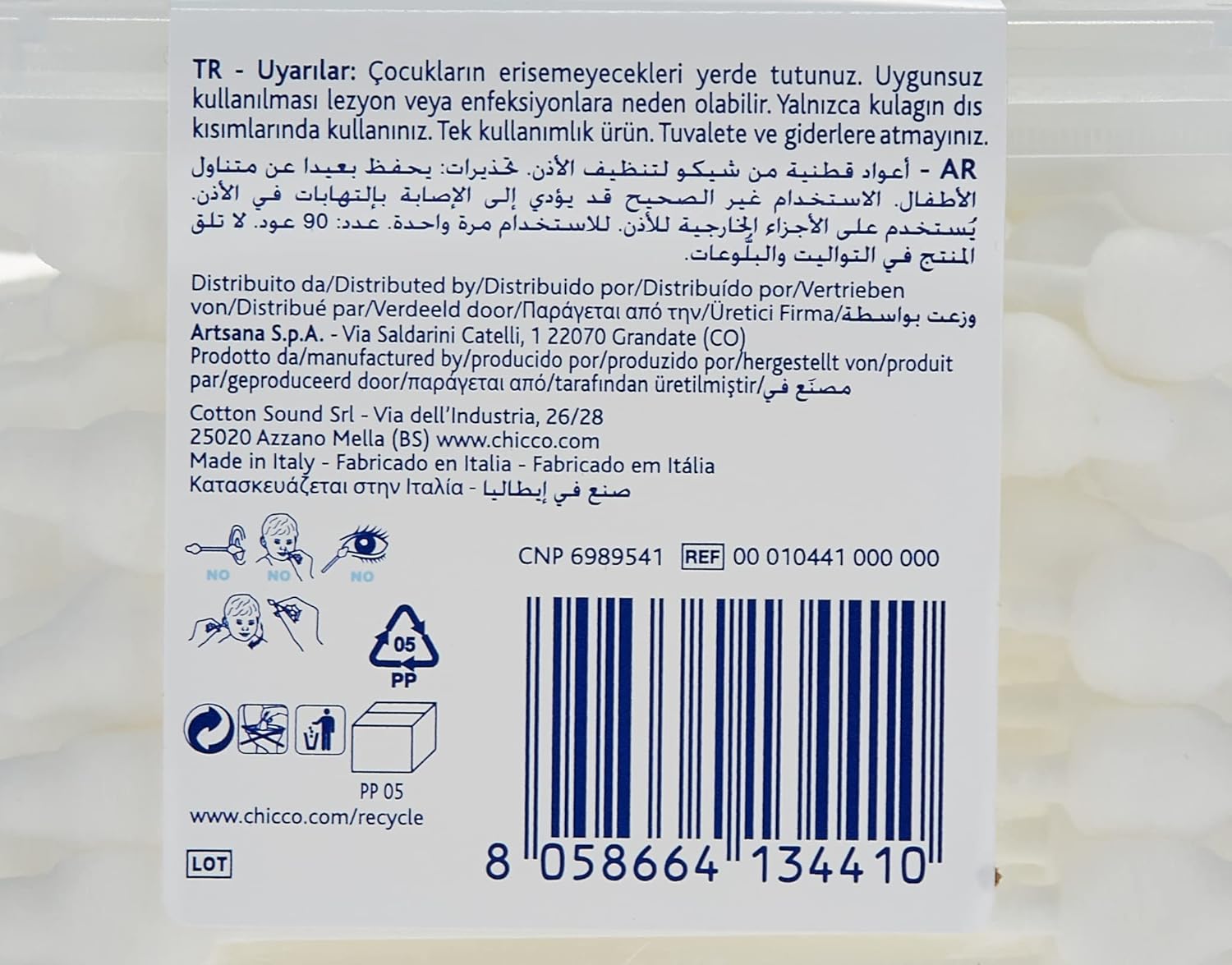 Chicco biodegradable Cotton Buds with Eardrum Protection - 90 Pcs