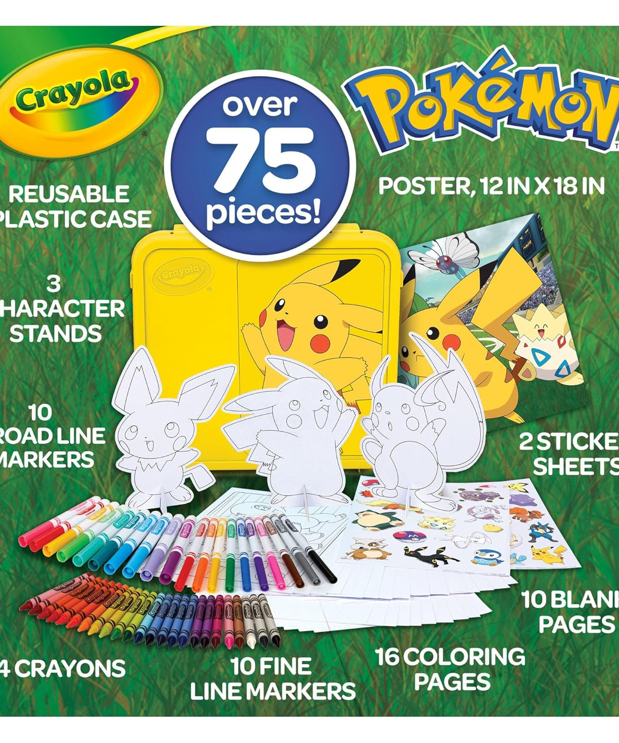 Crayola Pokémon Art Case, Over 75-Piece Kids' Coloring Set with Crayons, Markers, Coloring Pages, Stickers, and Reusable Pikachu Storage Case, Gift for Boys & Girls Aged 5+