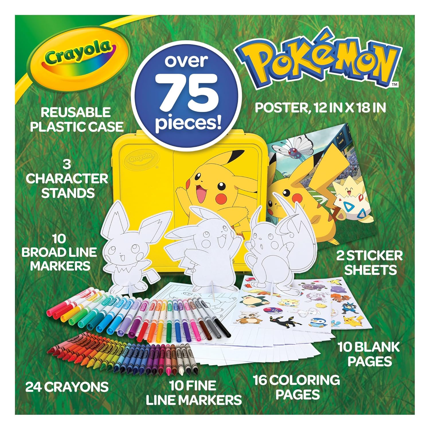 Crayola Pokémon Art Case, Over 75-Piece Kids' Coloring Set with Crayons, Markers, Coloring Pages, Stickers, and Reusable Pikachu Storage Case, Gift for Boys & Girls Aged 5+