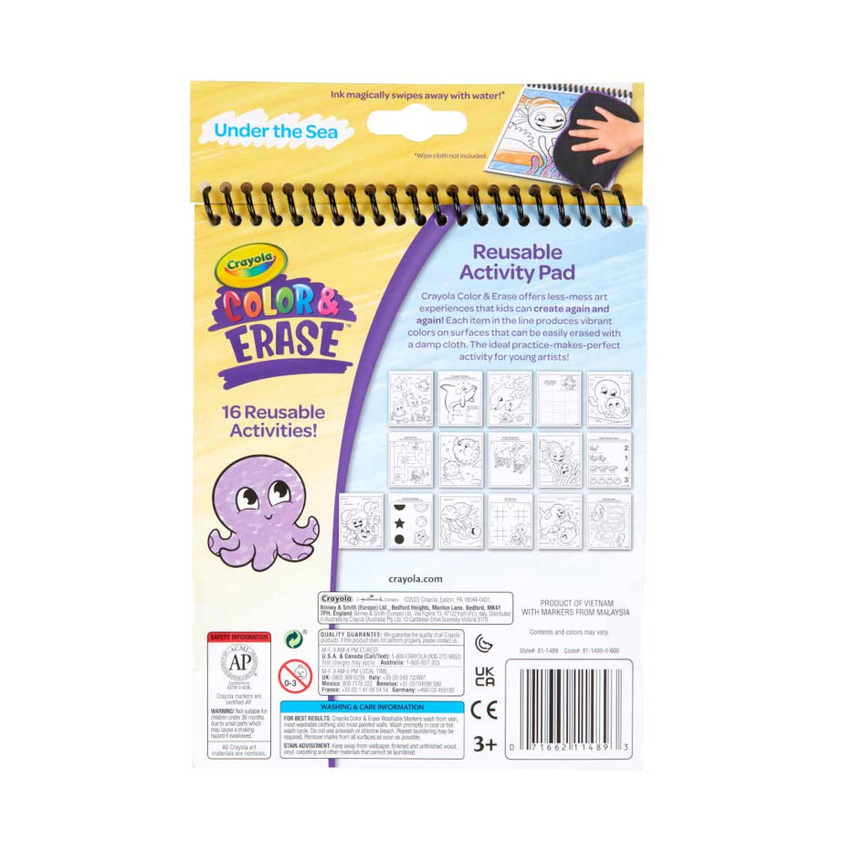 Crayola Color & Erase Under the Sea Activity Pad with Washable Markers | 8 Dual-Sided Reusable Coloring Pages | Ocean-Themed Art Set for Kids 3+ | Mess-Free & Travel-Friendly Drawing Kit