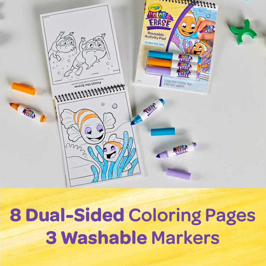Crayola Color & Erase Under the Sea Activity Pad with Washable Markers | 8 Dual-Sided Reusable Coloring Pages | Ocean-Themed Art Set for Kids 3+ | Mess-Free & Travel-Friendly Drawing Kit