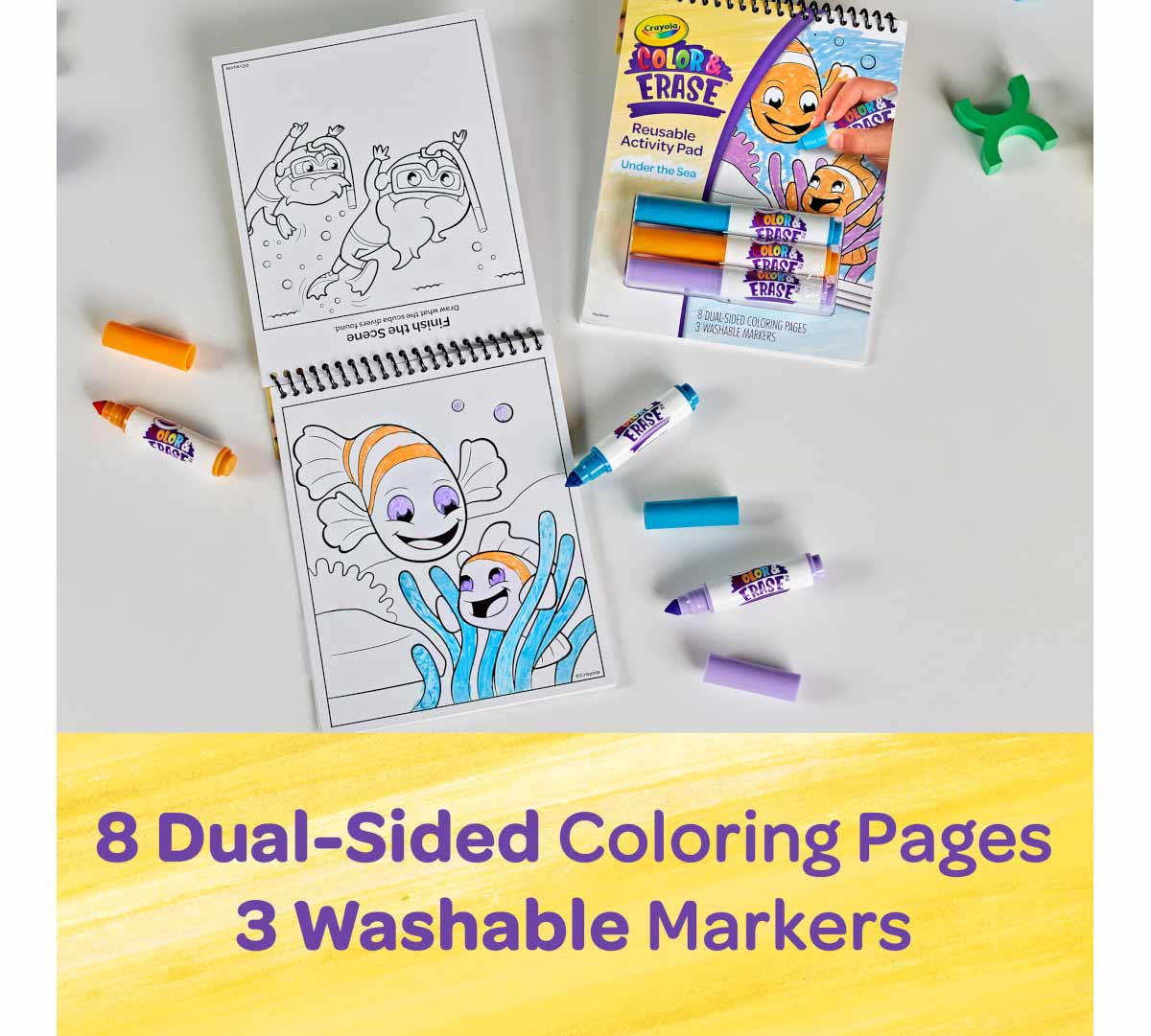 Crayola Color & Erase Under the Sea Activity Pad with Washable Markers | 8 Dual-Sided Reusable Coloring Pages | Ocean-Themed Art Set for Kids 3+ | Mess-Free & Travel-Friendly Drawing Kit