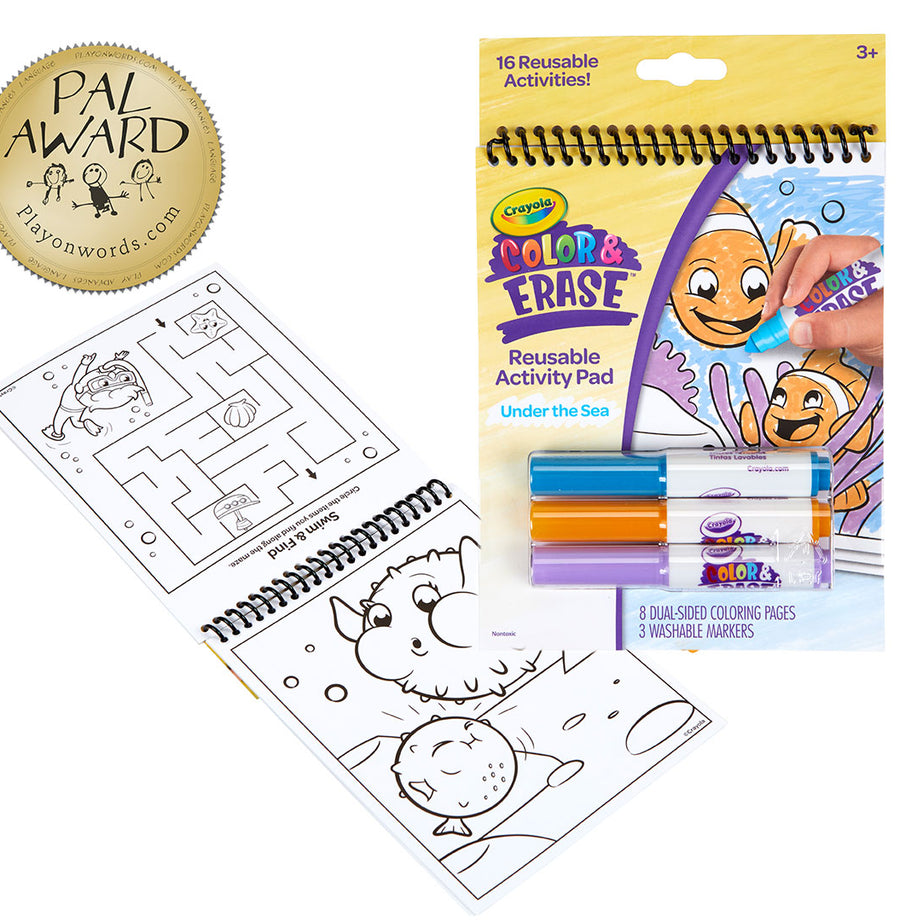 Crayola Color & Erase Under the Sea Activity Pad with Washable Markers | 8 Dual-Sided Reusable Coloring Pages | Ocean-Themed Art Set for Kids 3+ | Mess-Free & Travel-Friendly Drawing Kit