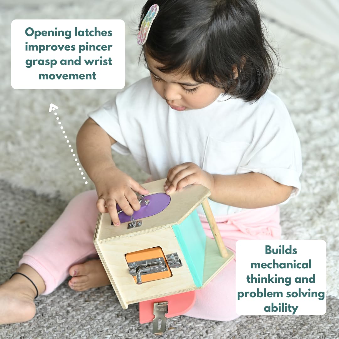 Curious Cub Latches and Locks | Montessori Lock & Key Box | Fine Motor Skill Development Toy for 21 Months+ | Wooden Sensory Learning Toy
