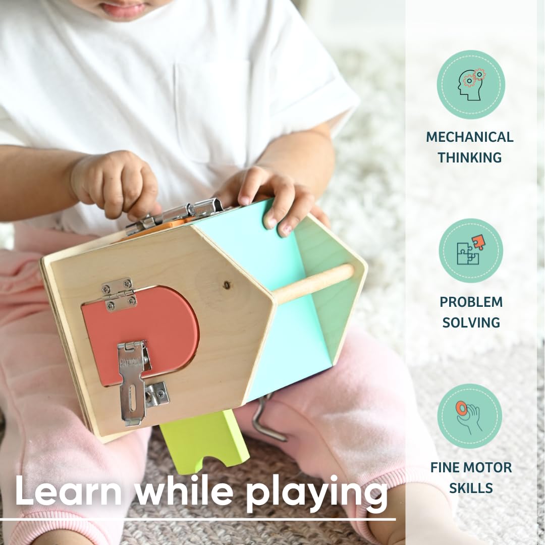 Curious Cub Latches and Locks | Montessori Lock & Key Box | Fine Motor Skill Development Toy for 21 Months+ | Wooden Sensory Learning Toy
