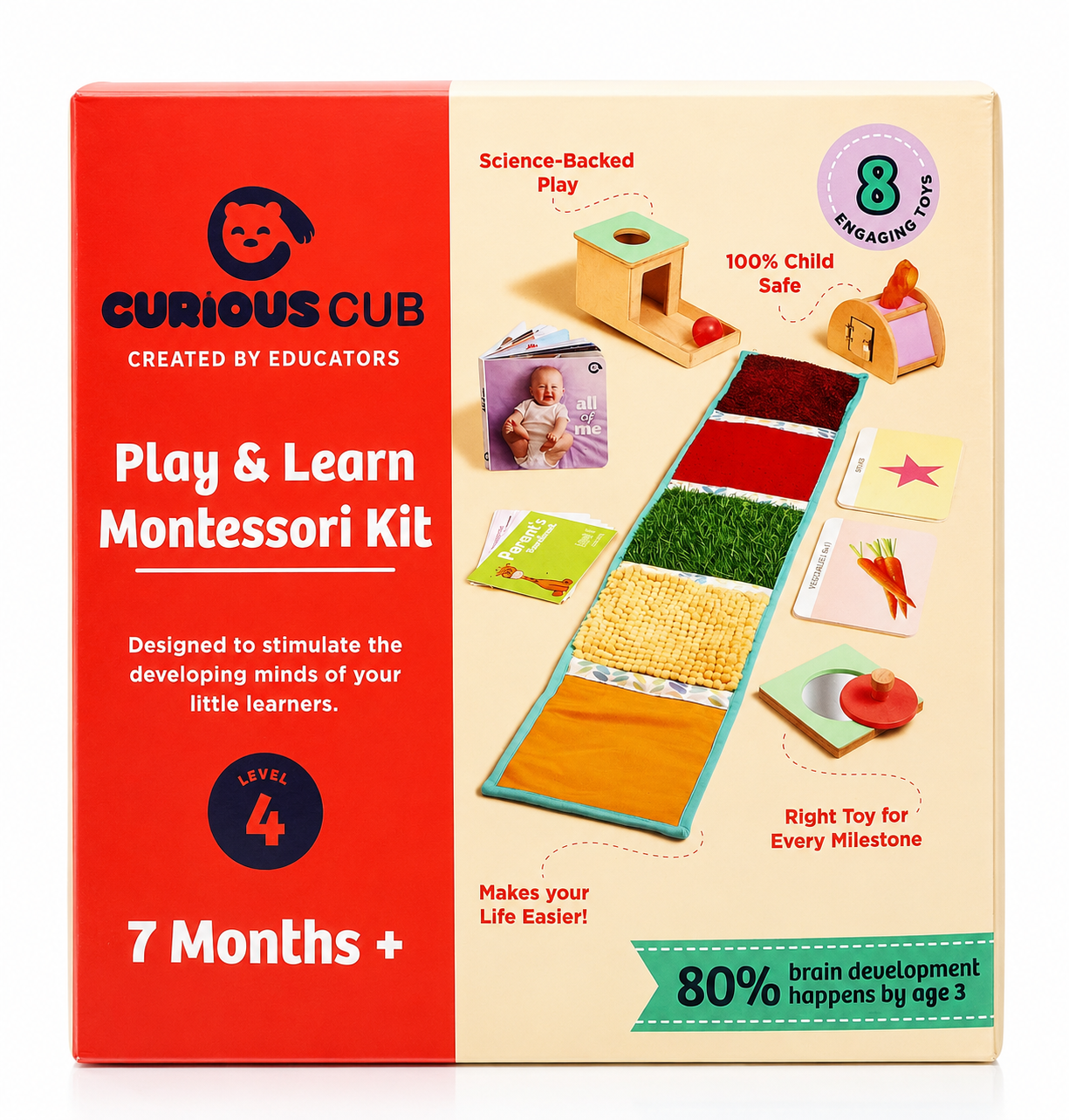 Curious Cub Level 4 Play & Learn Montessori Kit (7 Months+) | 8-Piece Developmental Toy Set for Object Permanence, Motor Skills & Sensory Exploration | minimee kids